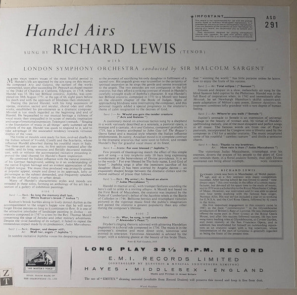 Richard Lewis, Georg Friedrich Händel, London Symphony Orchestra, Sir Malcolm Sargent – Handel Airs Sung By Richard Lewis (VG+/VG) – LP, UK 1959 - Image 2