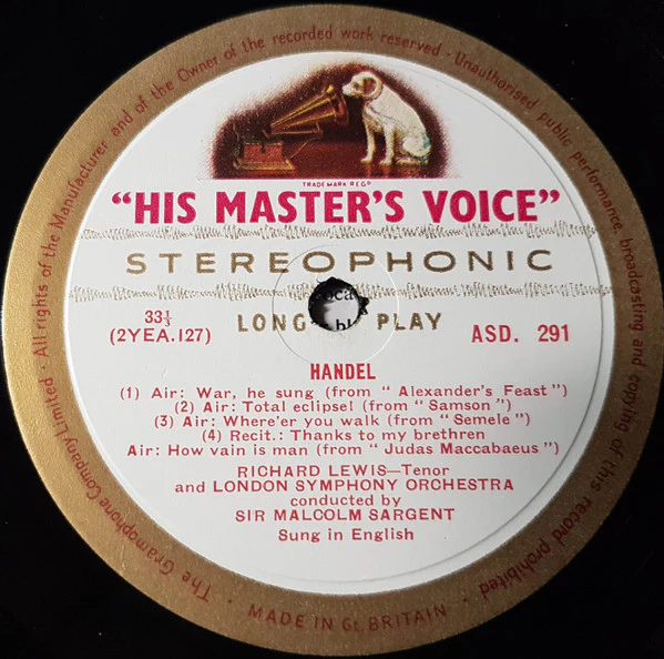 Richard Lewis, Georg Friedrich Händel, London Symphony Orchestra, Sir Malcolm Sargent – Handel Airs Sung By Richard Lewis (VG+/VG) – LP, UK 1959 - Image 3