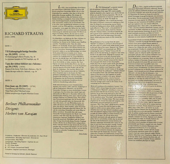 Richard Strauss, Berliner Philharmoniker, Herbert von Karajan – Don Juan · Till Eulenspiegel · Salomes Tanz (VG+/VG+) – LP, DE 1973 - Image 2