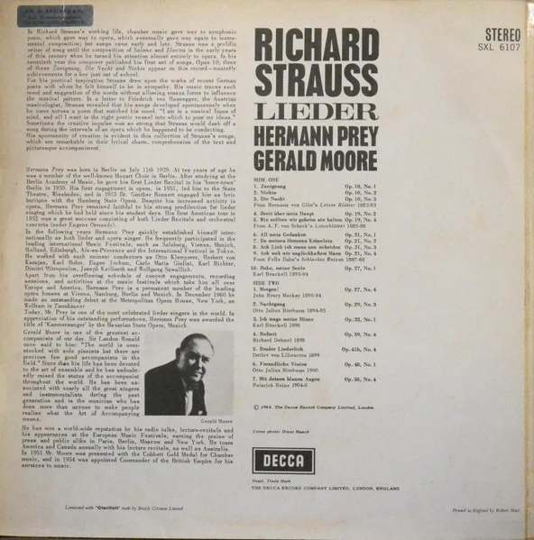 Richard Strauss, Hermann Prey, Gerald Moore – Lieder (VG/VG) – LP, UK 1964 - Image 2