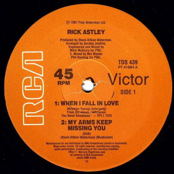 Rick Astley – When I Fall In Love / My Arms Keep Missing You (VG/VG+) – 12", Australasia 1988 - Image 3