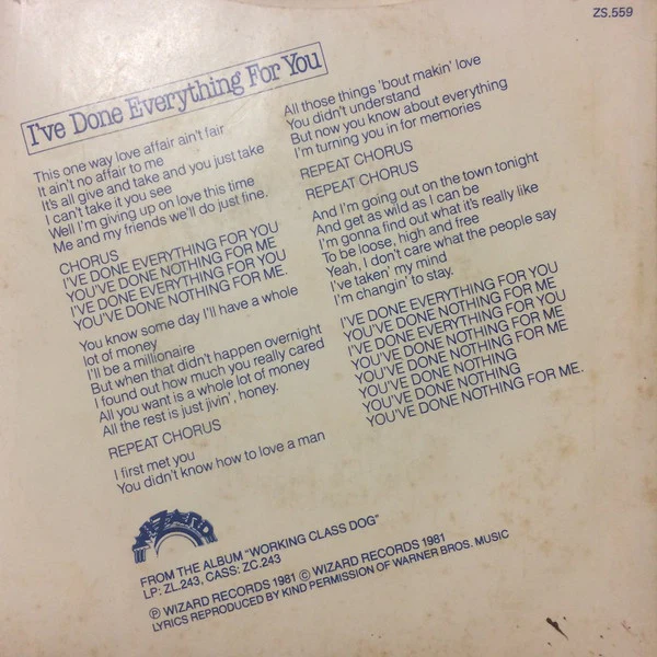 Rick Springfield – I've Done Everything For You (VG+/VG+) – 7", AU 1981 - Image 2