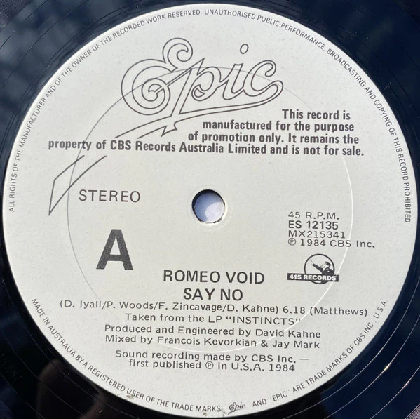 Romeo Void – Say No (VG+/VG+) – 12", AU 1984 - Image 3
