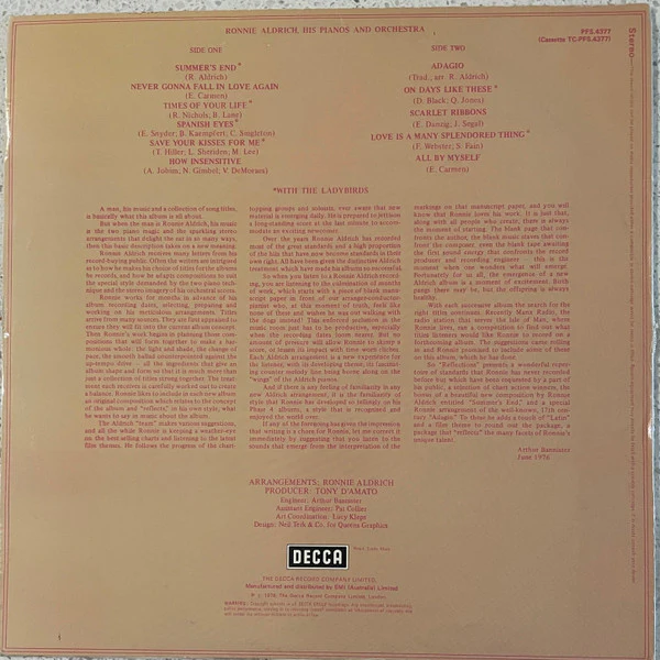 Ronnie Aldrich And His Orchestra, The Ladybirds – Reflections (VG/VG+) – LP, AU 1976 - Image 2
