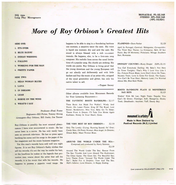 Roy Orbison – More Of Roy Orbison's Greatest Hits (VG/VG+) – LP, NZ - Image 2