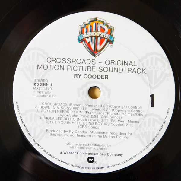 Ry Cooder – Crossroads - Original Motion Picture Soundtrack (VG+/VG+) – LP, AU 1986 - Image 5