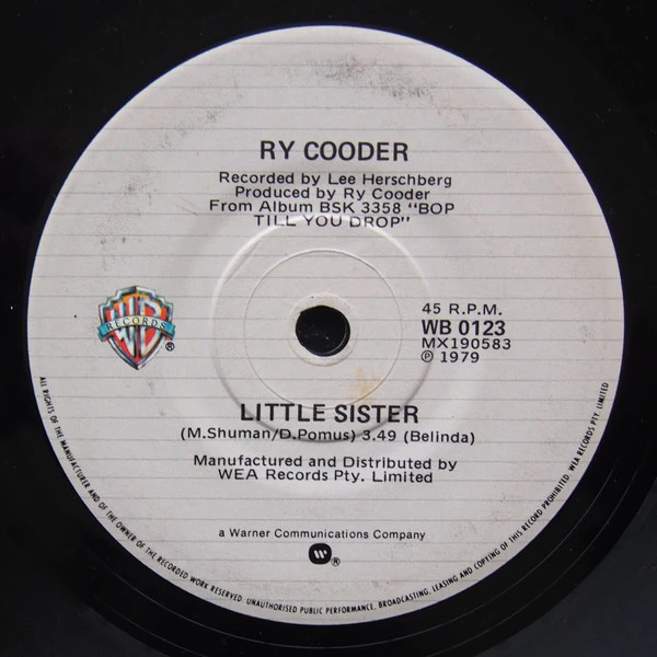 Ry Cooder – Little Sister (E/Generic) – 7", AU 1979