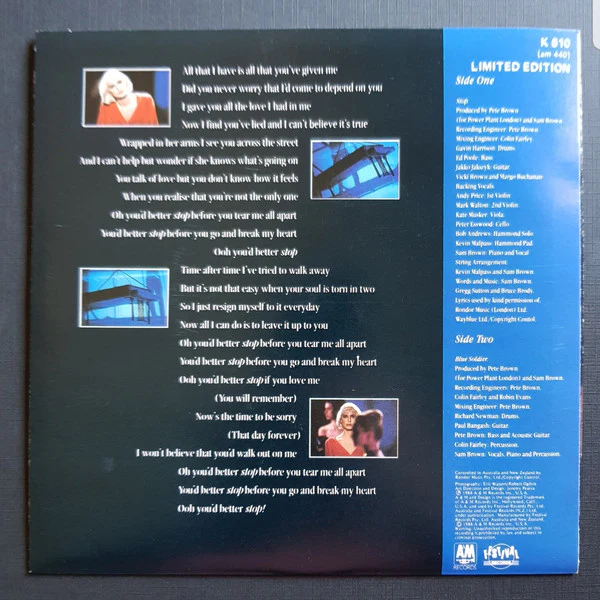 Sam Brown – Stop! (VG/VG+) – 7", AU 1988 - Image 2