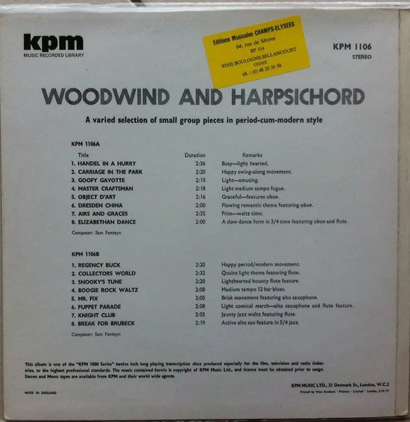 Sam Fonteyn – Woodwind And Harpsichord (VG+/VG+) – LP, UK 1972