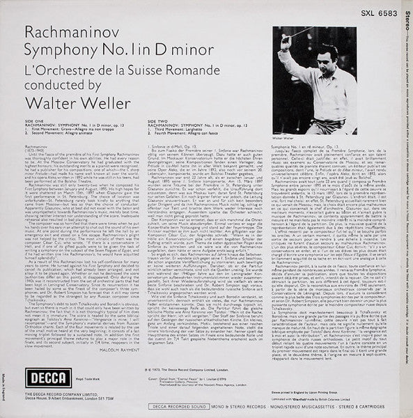 Sergei Rachmaninoff, L'Orchestre De La Suisse Romande, Walter Weller – Symphony No. 1 In D Minor, Op. 13 (VG+/VG+) – LP, UK 1973 - Image 2