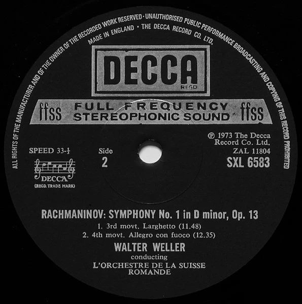 Sergei Rachmaninoff, L'Orchestre De La Suisse Romande, Walter Weller – Symphony No. 1 In D Minor, Op. 13 (VG+/VG+) – LP, UK 1973 - Image 4