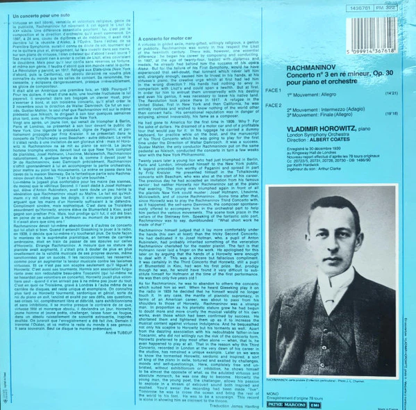 Sergei Rachmaninoff, Vladimir Horowitz, London Symphony Orchestra, Albert Coates – Concerto N° 3 En Ré Mineur, Op. 30 Pour Piano Et Orchestre (NM/NM) – LP, FR - Image 2