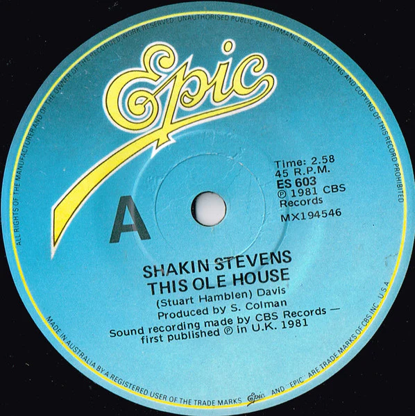 Shakin' Stevens – This Ole House (VG+/VG+) – 7", AU 1981