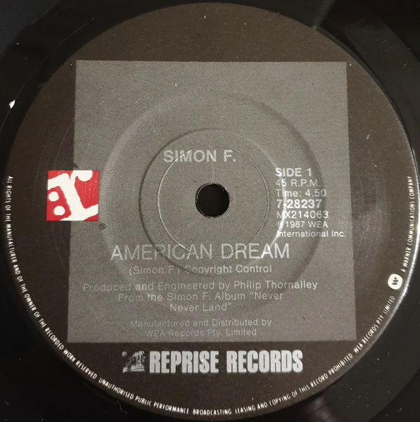 Simon Fellowes – American Dream / Love Bomb (VG+/VG+) – 7", AU 1987 - Image 3