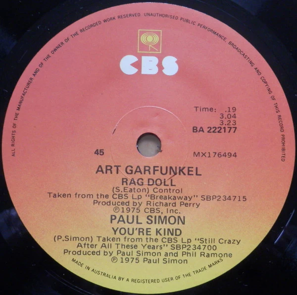 Simon & Garfunkel, Art Garfunkel, Paul Simon – My Little Town // Rag Doll / You're Kind (VG+/VG+) – 7", AU 1975 - Image 4