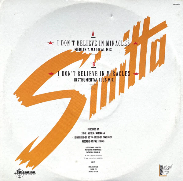 Sinitta – I Don't Believe In Miracles (Merlin's Magical Mix) (VG/VG) – 12", AU 1988 - Image 2