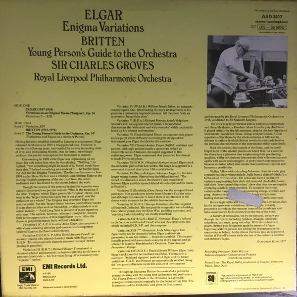 Sir Edward Elgar, Benjamin Britten, Royal Liverpool Philharmonic Orchestra, Sir Charles Groves – Enigma Variations / Young Person's Guide To The Orchestra, Op. 34 (E/VG+) – LP, UK 1977 - Image 2