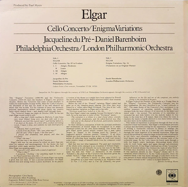 Sir Edward Elgar, Jacqueline du Pré, Daniel Barenboim, The Philadelphia Orchestra, London Philharmonic Orchestra – Cello Concerto, Op. 85 / Enigma Variations (E/VG+) – LP, AU 1976 - Image 2
