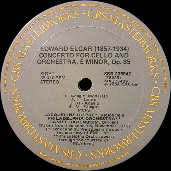 Sir Edward Elgar, Jacqueline du Pré, Daniel Barenboim, The Philadelphia Orchestra, London Philharmonic Orchestra – Cello Concerto, Op. 85 / Enigma Variations (E/VG+) – LP, AU 1976 - Image 3