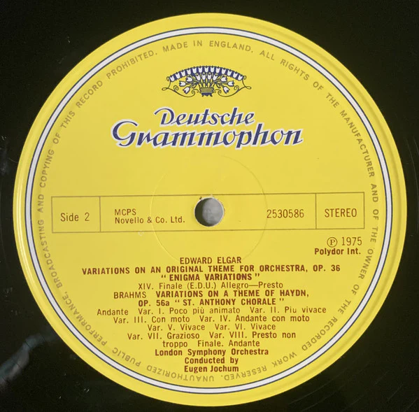 Sir Edward Elgar, Johannes Brahms, London Symphony Orchestra, Eugen Jochum – Enigma Variations / St. Antoni Variations (VG+/VG+) – LP, UK 1975 - Image 3