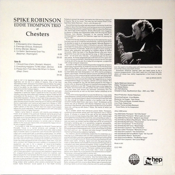 Spike Robinson, Eddie Thompson Trio – At Chesters (E/E) – LP, UK 1985 - Image 2
