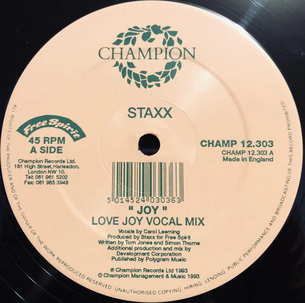 Staxx – Joy (VG+/VG+) – 12", UK 1993 - Image 3