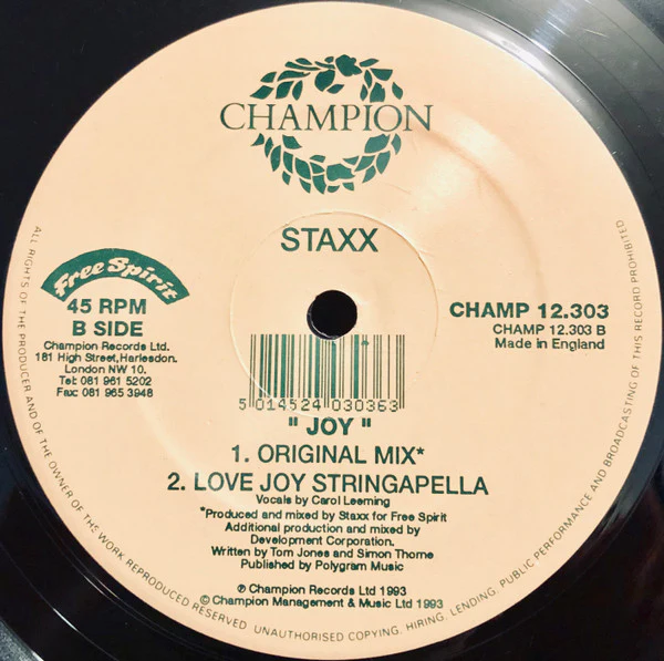 Staxx – Joy (VG+/VG+) – 12", UK 1993 - Image 4