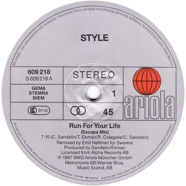 Style – Run For Your Life (VG/VG) – 12", DE 1987 - Image 2