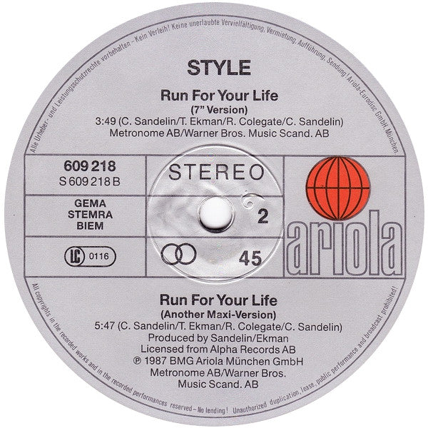 Style – Run For Your Life (VG/VG) – 12", DE 1987 - Image 3
