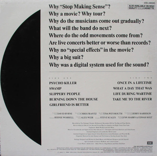 Talking Heads – Stop Making Sense (VG/VG) – LP, AU 1984 - Image 2
