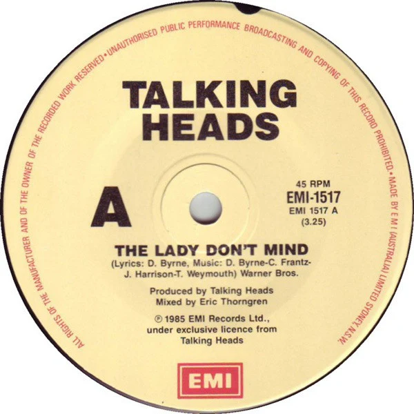 Talking Heads – The Lady Don't Mind (VG+/VG+) – 7", AU 1985 - Image 3
