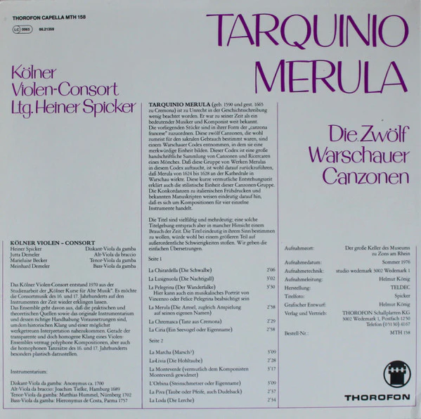 Tarquinio Merula, Kölner Violen-Consort, Heiner Spicker – Die Zwölf Warschauer Canzonen (E/VG+) – LP, DE 1976 - Image 3