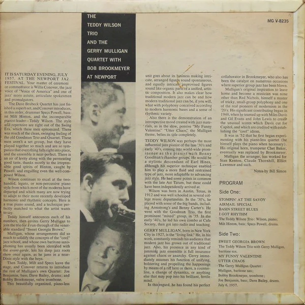 Teddy Wilson Trio, Gerry Mulligan Quartet, Bob Brookmeyer – At Newport (VG/VG) – LP, AU 1958 - Image 2