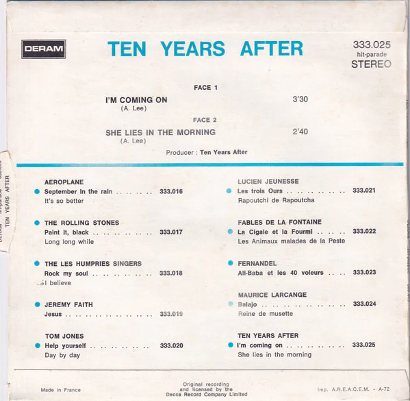 Ten Years After – I'm Coming On / She Lies In The Morning (VG+/VG) – 7", FR 1972 - Image 2