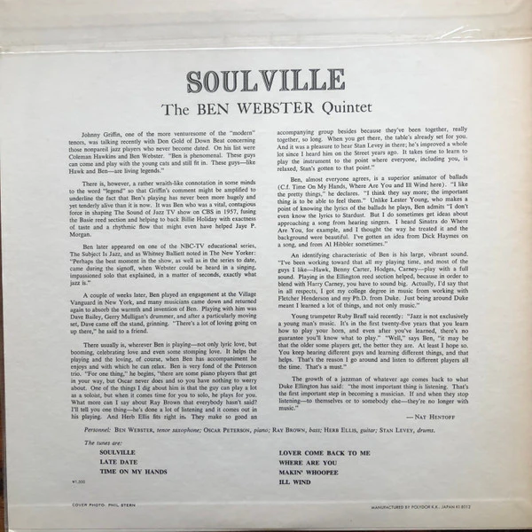 The Ben Webster Quintet – Soulville (E/VG+) – LP, JP 1980, No OBI - Image 4