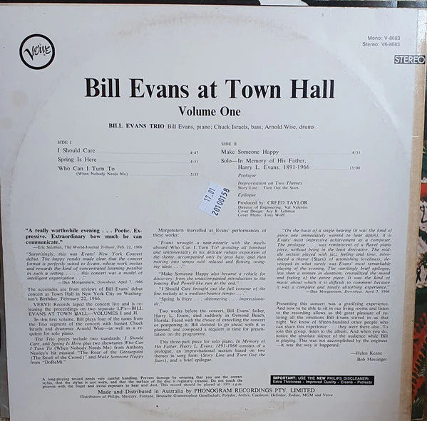 The Bill Evans Trio – Bill Evans At Town Hall (Volume One) (VG+/VG) – LP, AU 1966 - Image 2