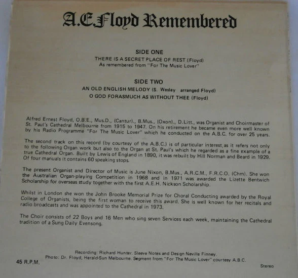 The Choir Of St. Paul's Cathedral, Melbourne, Dr. A. E. Floyd – A.E. Floyd Remembered (VG+/VG+) – 7", AU 1974 - Image 2
