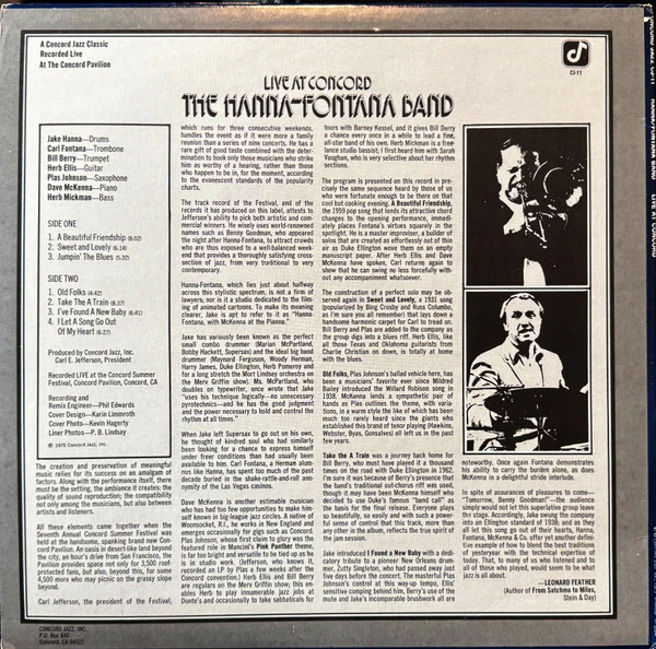 The Hanna-Fontana Band, Jake Hanna, Carl Fontana – Live At Concord (E/E) – LP, US 1975 - Image 2