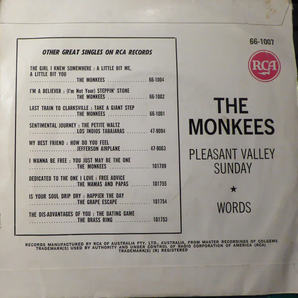 The Monkees – Pleasant Valley Sunday / Words (VG/VG) – 7", AU 1967 - Image 2