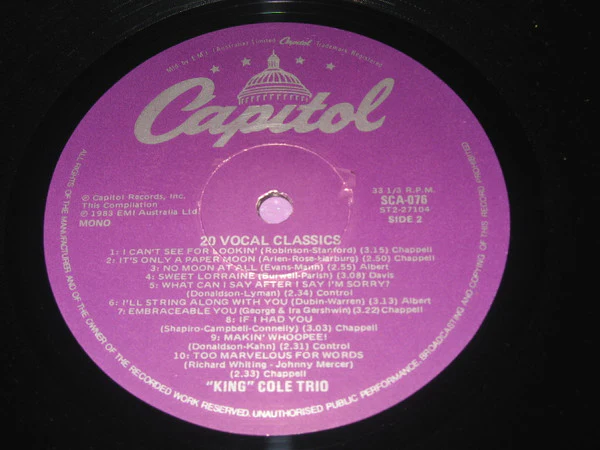 The Nat King Cole Trio – 20 Vocal Classics (VG/VG) – LP, AU 1983 - Image 4