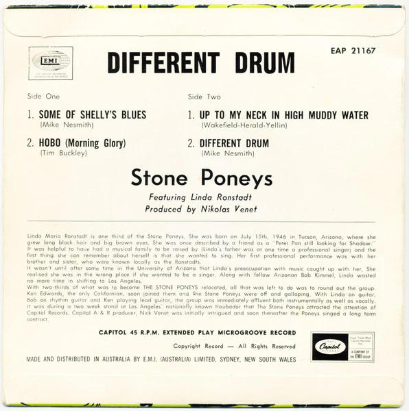 The Stone Poneys, Linda Ronstadt – Different Drum (VG+/VG+) – 7", AU - Image 2