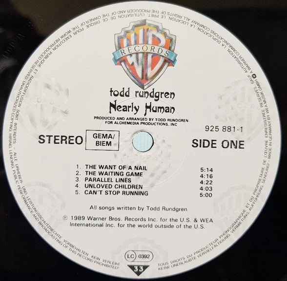Todd Rundgren – Nearly Human (VG+/VG+) – LP, EU 1989 - Image 3