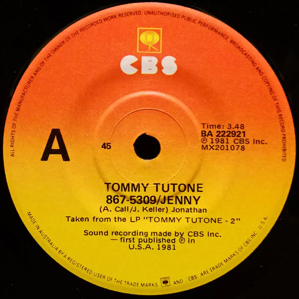 Tommy Tutone – 867-5309/Jenny (VG+/Generic) – 7", AU 1981
