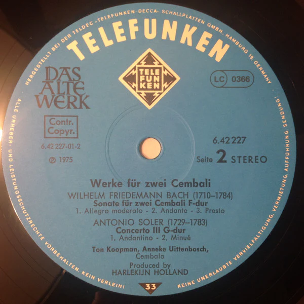 Ton Koopman, Anneke Uittenbosch – Werke Für Zwei Cembali Works For Two Harpsichords/Oeuvres Pour Deux Clavecins (NM/E) – LP, DE - Image 3