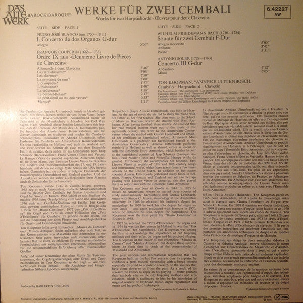 Ton Koopman, Anneke Uittenbosch – Werke Für Zwei Cembali Works For Two Harpsichords/Oeuvres Pour Deux Clavecins (NM/E) – LP, DE - Image 4
