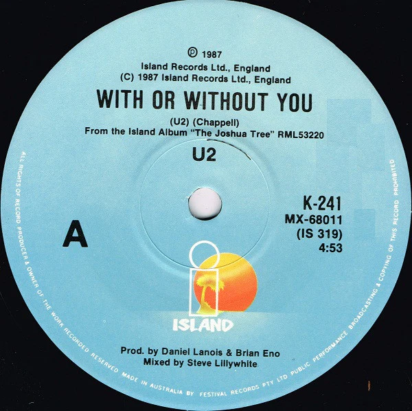 U2 – With Or Without You (VG/VG+) – 7", AU 1987 - Image 3