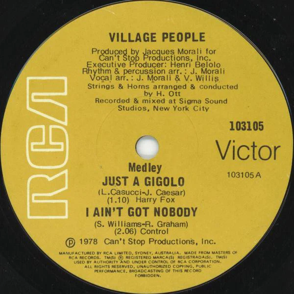 Village People – Just A Gigolo / I Ain't Got Nobody / Macho Man (VG+/Generic) – 7", AU 1978