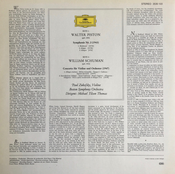 William Schuman, Walter Piston, Paul Zukofsky, Boston Symphony Orchestra, Michael Tilson Thomas – Violin Concerto / Symphony No. 2 (VG+/VG+) – LP, DE 1971 - Image 2