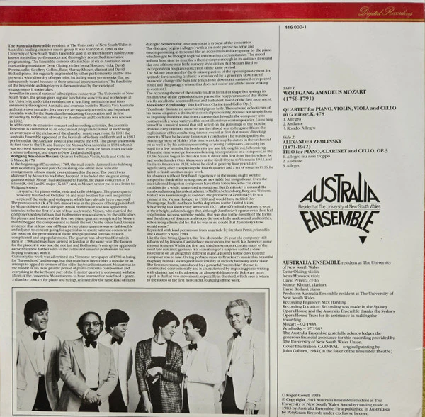 Wolfgang Amadeus Mozart, Alexander Von Zemlinsky, Australia Ensemble – Piano Quartet K.478 / Clarinet Trio Op.3 (E/E) – LP, AU 1985 - Image 2