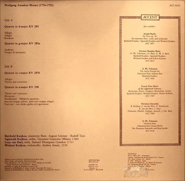 Wolfgang Amadeus Mozart, Barthold Kuijken, Sigiswald Kuijken, Lucy Van Dael, Wieland Kuijken – Flute Quartets (VG+/VG+) – LP, BE 1982 - Image 2